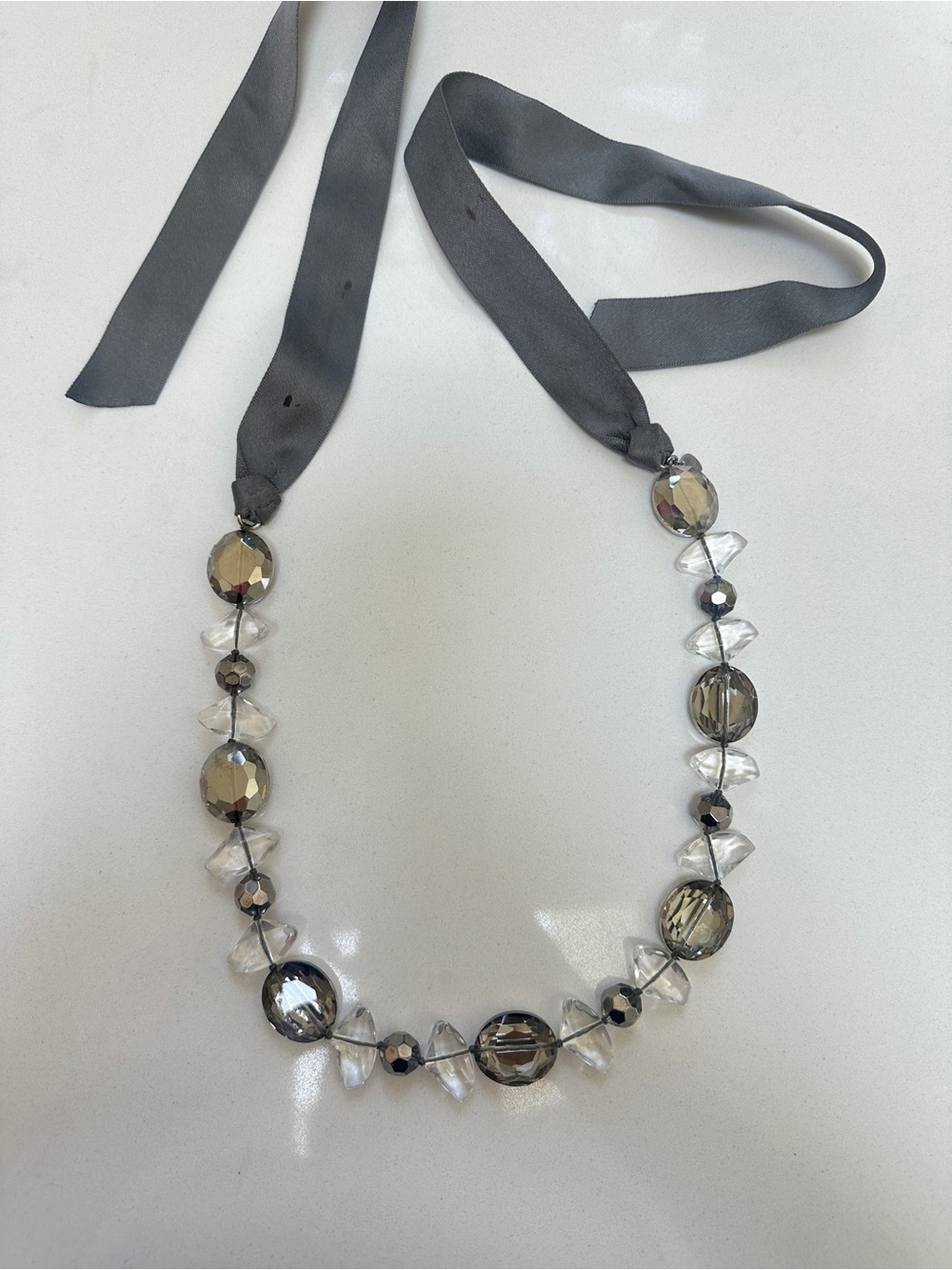 Grey Crystal Statement Necklace Satin Ribbon Tie 17”